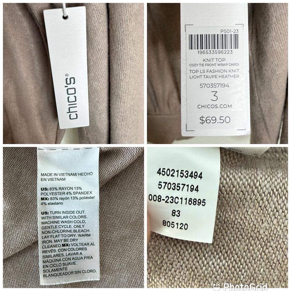 New Chicos Knit Top Cozy Tie Front Taupe Cardigan Sweater Size 3 Womens XL - Picture 12 of 12